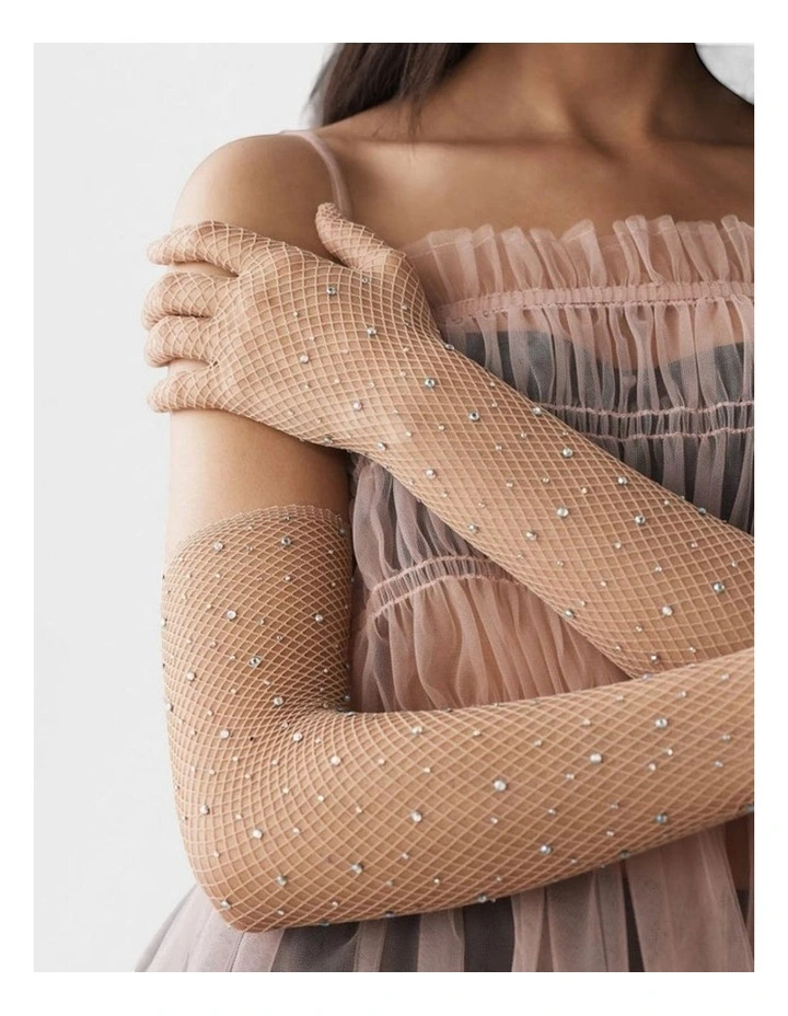Glitter Fishnet Opera Gloves in Beige image 2