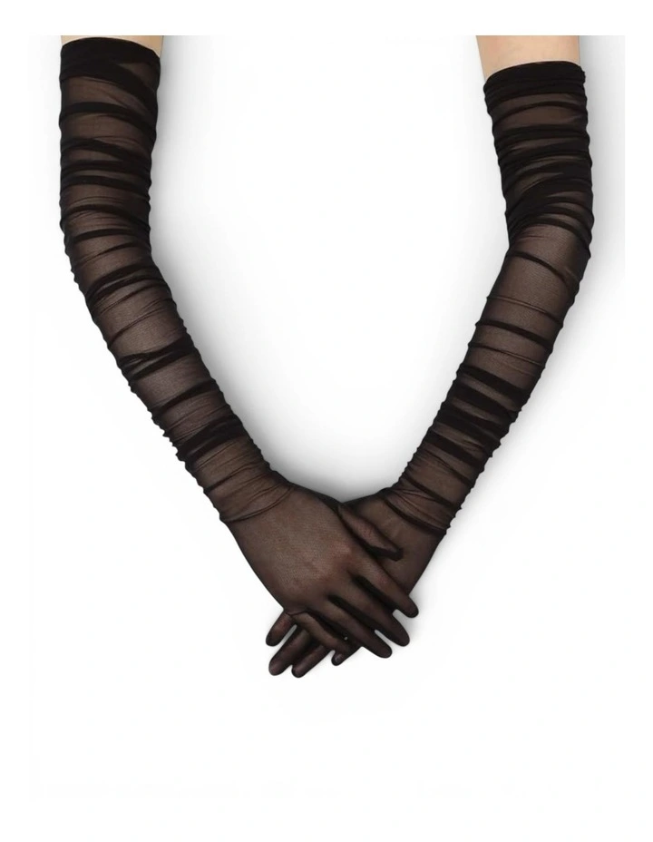Ariana Ruched Mesh Opera Gloves in Black image 4