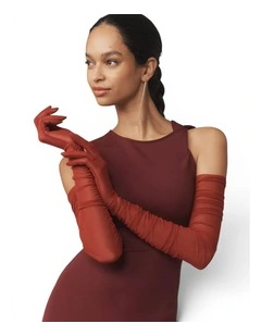 Ariana Ruched Mesh Opera Gloves in Red