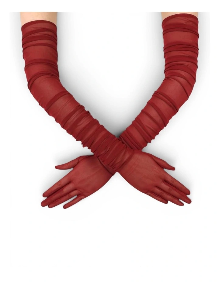 Ariana Ruched Mesh Opera Gloves in Red image 2