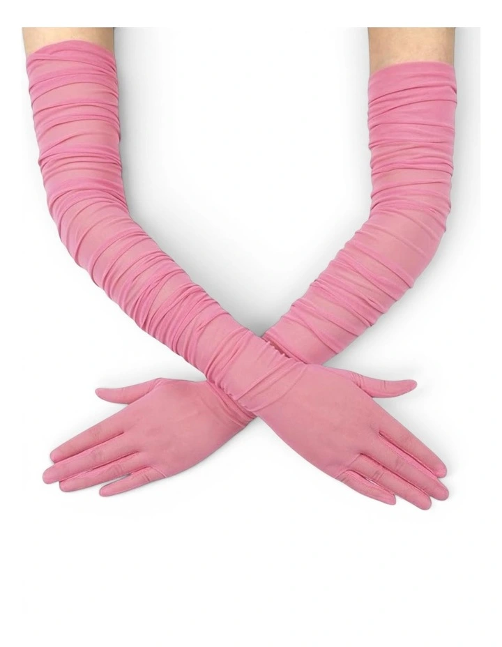 Ariana Ruched Mesh Opera Gloves in Pink image 1