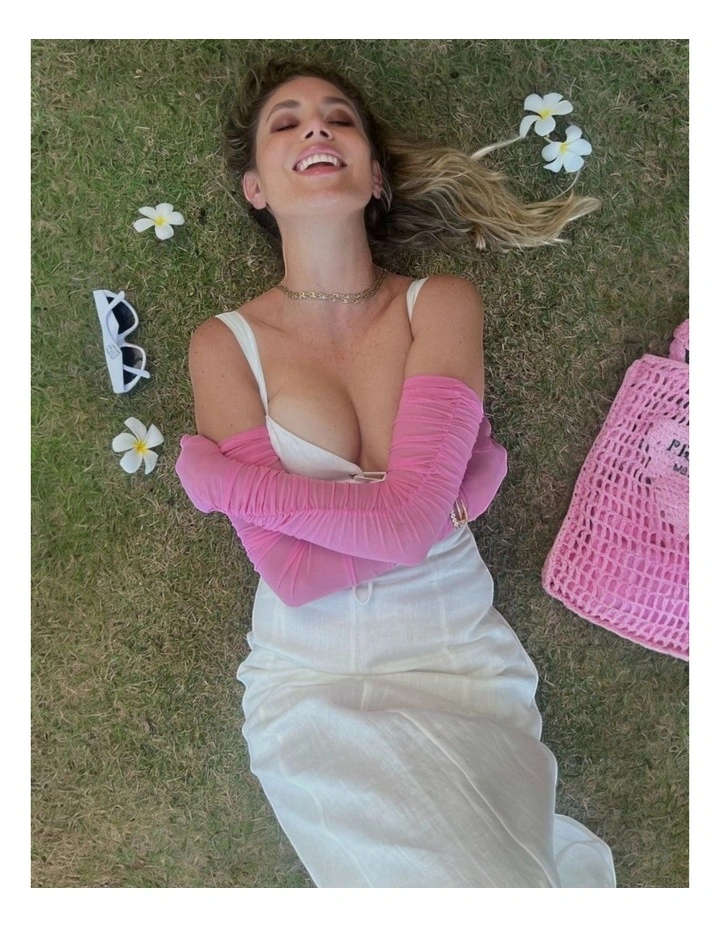 Ariana Ruched Mesh Opera Gloves in Pink image 3