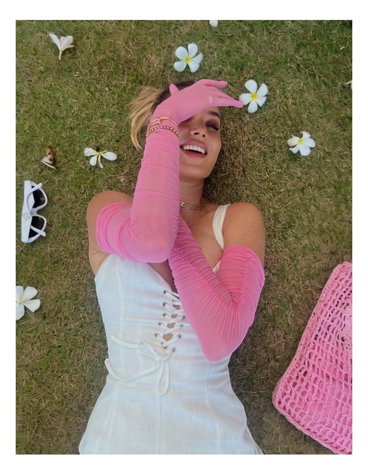 Ariana Ruched Mesh Opera Gloves in Pink image 4