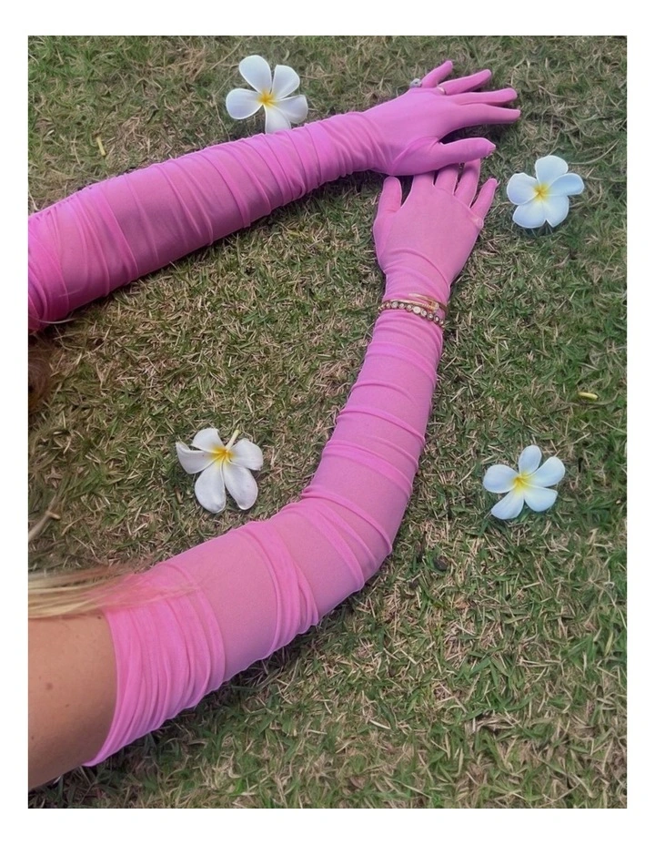 Ariana Ruched Mesh Opera Gloves in Pink image 5