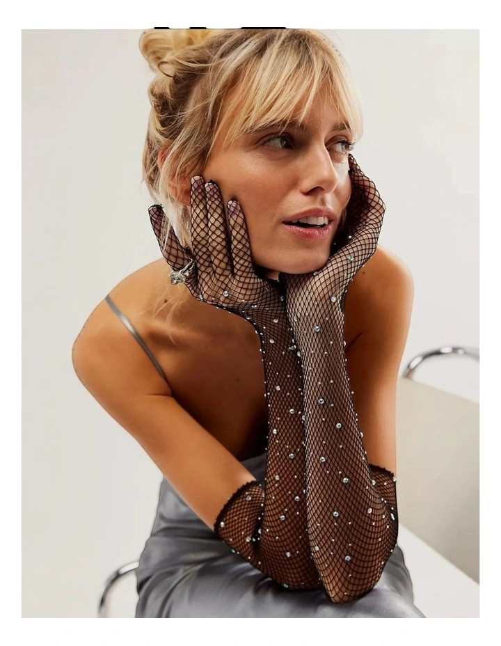 Glitter Fishnet Opera Gloves in Black image 2