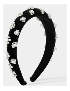 Pearl Floral Velvet Statement Headband - Black