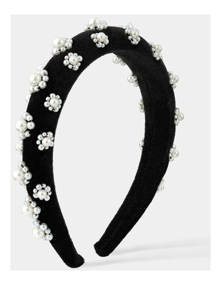 Pearl Floral Velvet Statement Headband - Black image 1