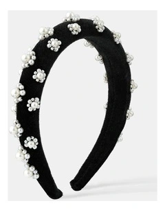 Pearl Floral Velvet Statement Headband - Black