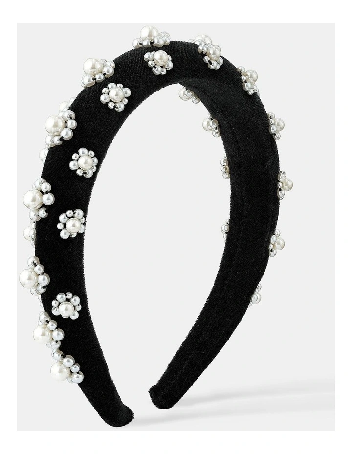 Pearl Floral Velvet Statement Headband - Black image 1
