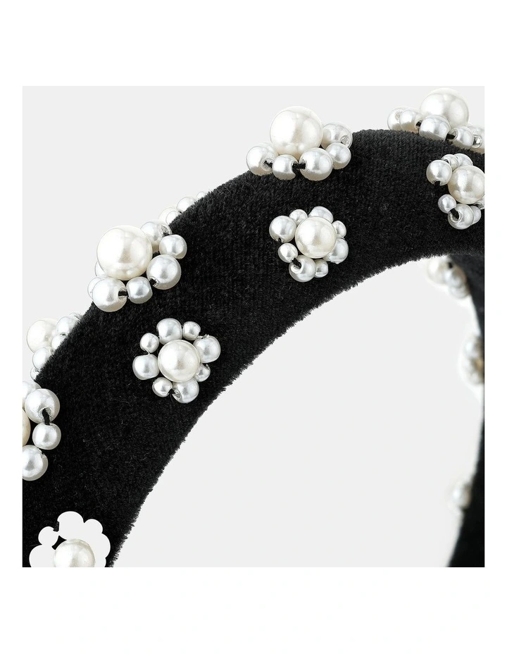 Pearl Floral Velvet Statement Headband - Black image 2