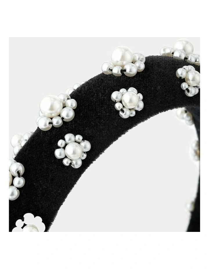 Pearl Floral Velvet Statement Headband - Black image 3
