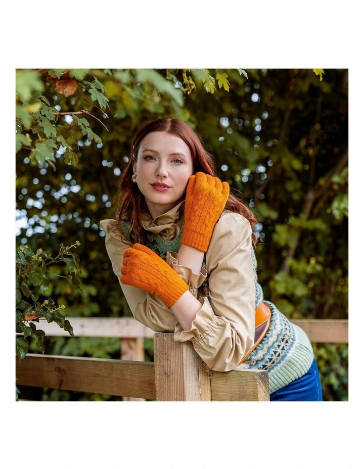 Dents Womens Cable Knit Cosy-Lined Gloves in Pumpkin Orange image 3