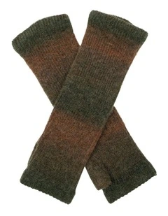 Dents Women's Long Below-Elbow Ribbed Wool Knit Wrist Warmers w/ Ombre Pattern in Moss