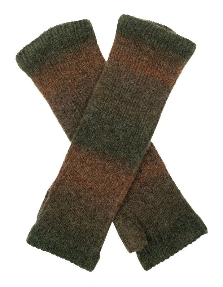 Dents Women's Long Below-Elbow Ribbed Wool Knit Wrist Warmers w/ Ombre Pattern in Moss image 1