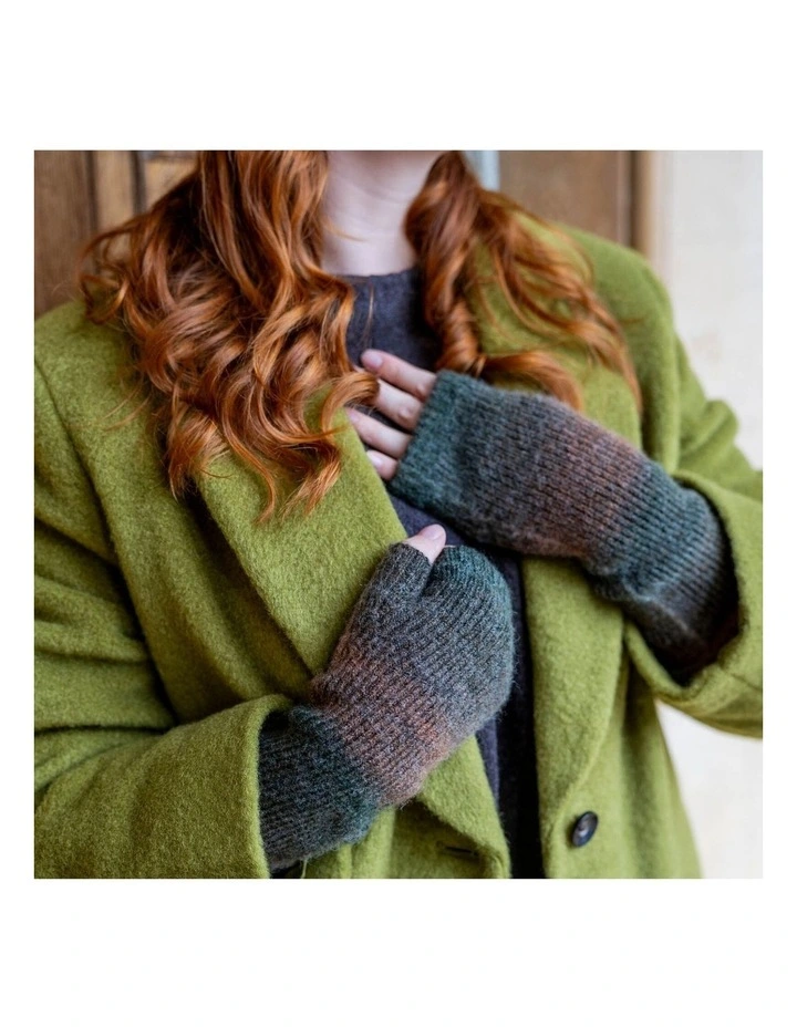 Dents Women's Long Below-Elbow Ribbed Wool Knit Wrist Warmers w/ Ombre Pattern in Moss image 2