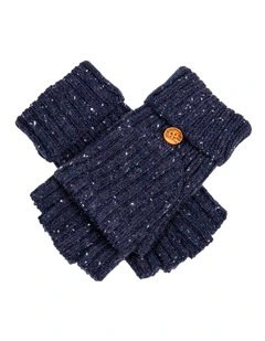 Dents Womens Ribbed Knit Wool Blend Fingerless Gloves with Marl Yarn and Mitten Flap in Navy