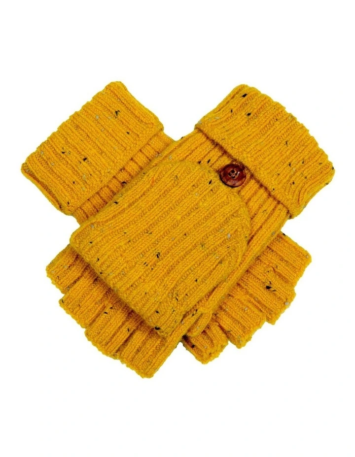 Dents Womens Ribbed Knit Wool Blend Fingerless Gloves with Marl Yarn and Mitten Flap in Ochre image 1