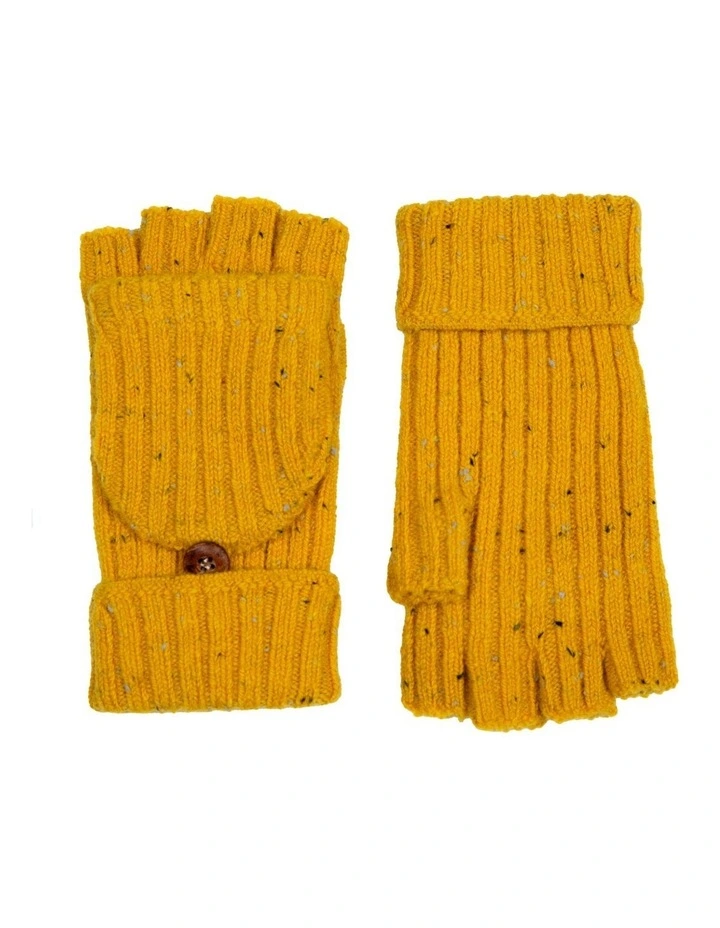 Dents Womens Ribbed Knit Wool Blend Fingerless Gloves with Marl Yarn and Mitten Flap in Ochre image 2