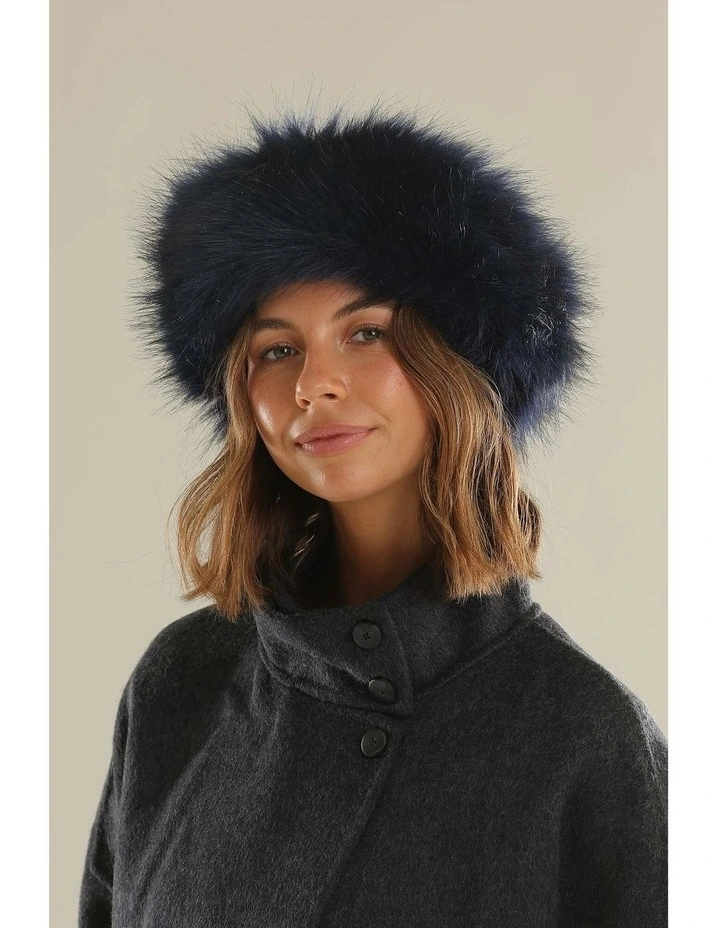 Xenia Faux Fur Headband in Navy Blue image 3