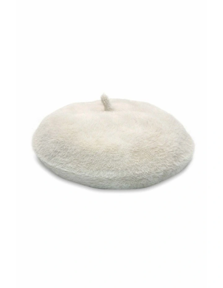 Paris Faux-Fur Knit Beret in White Cream image 3