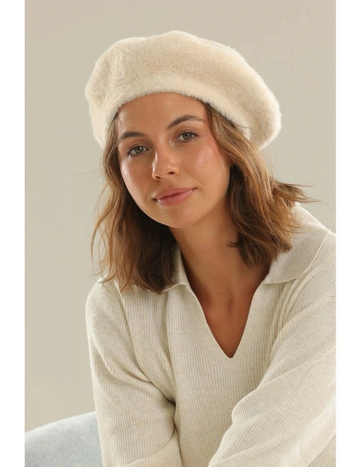 Paris Faux-Fur Knit Beret in White Cream image 4