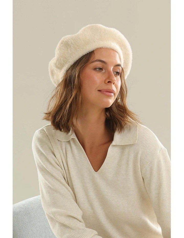 Paris Faux-Fur Knit Beret in White Cream image 5