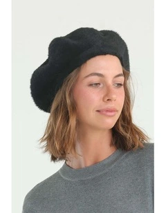 Paris Faux-Fur Knit Beret in Black