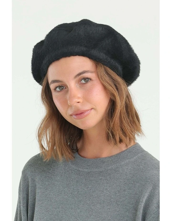 Paris Faux-Fur Knit Beret in Black image 3