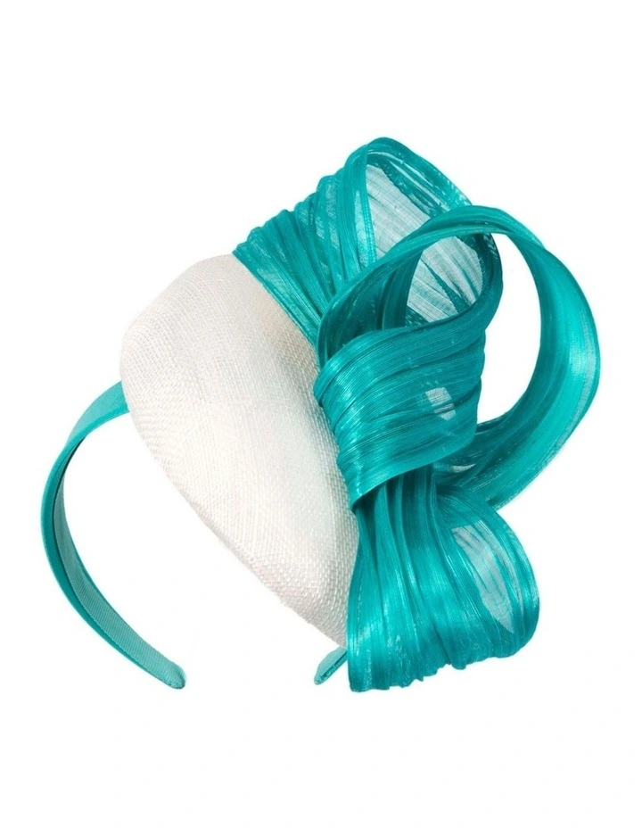 White pillbox fascinator with turquoise silk abaca bow by Fillies Collection S307WT image 1