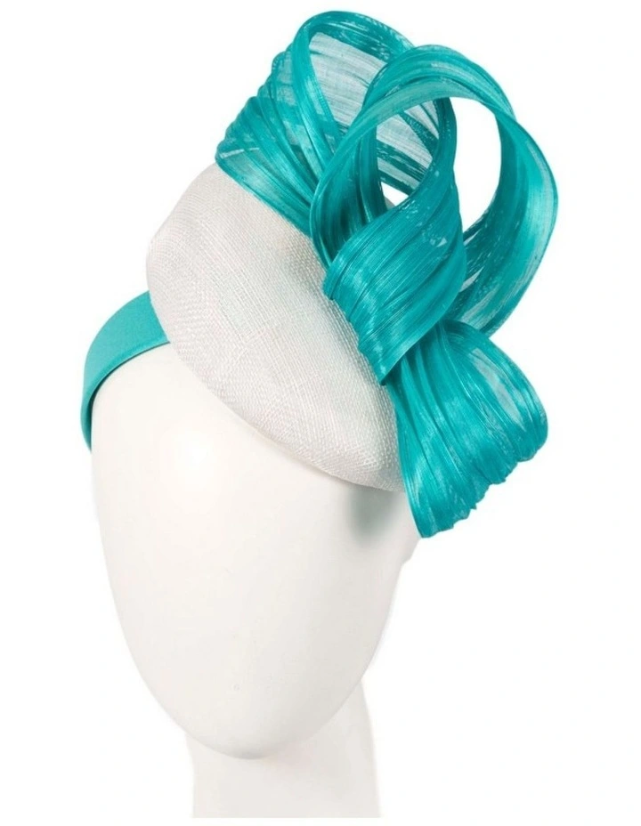 White pillbox fascinator with turquoise silk abaca bow by Fillies Collection S307WT image 2