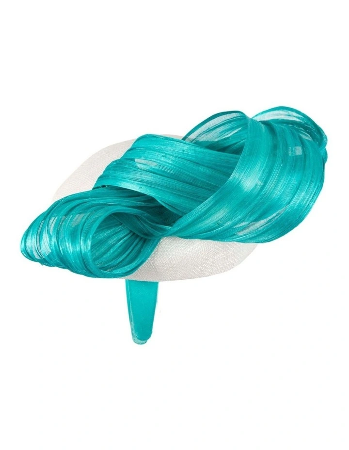 White pillbox fascinator with turquoise silk abaca bow by Fillies Collection S307WT image 3