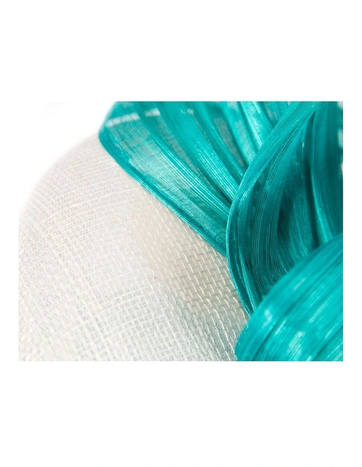 White pillbox fascinator with turquoise silk abaca bow by Fillies Collection S307WT image 5