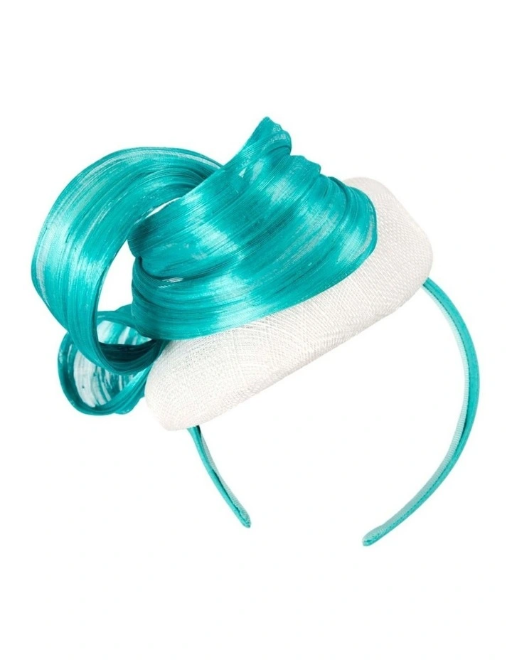 White pillbox fascinator with turquoise silk abaca bow by Fillies Collection S307WT image 6
