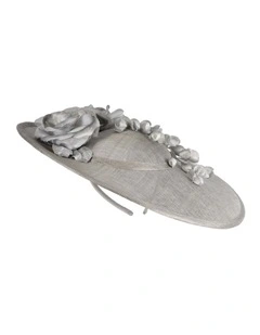 Large silver sinamay fascinator hat with flowers by Max Alexander MA959S