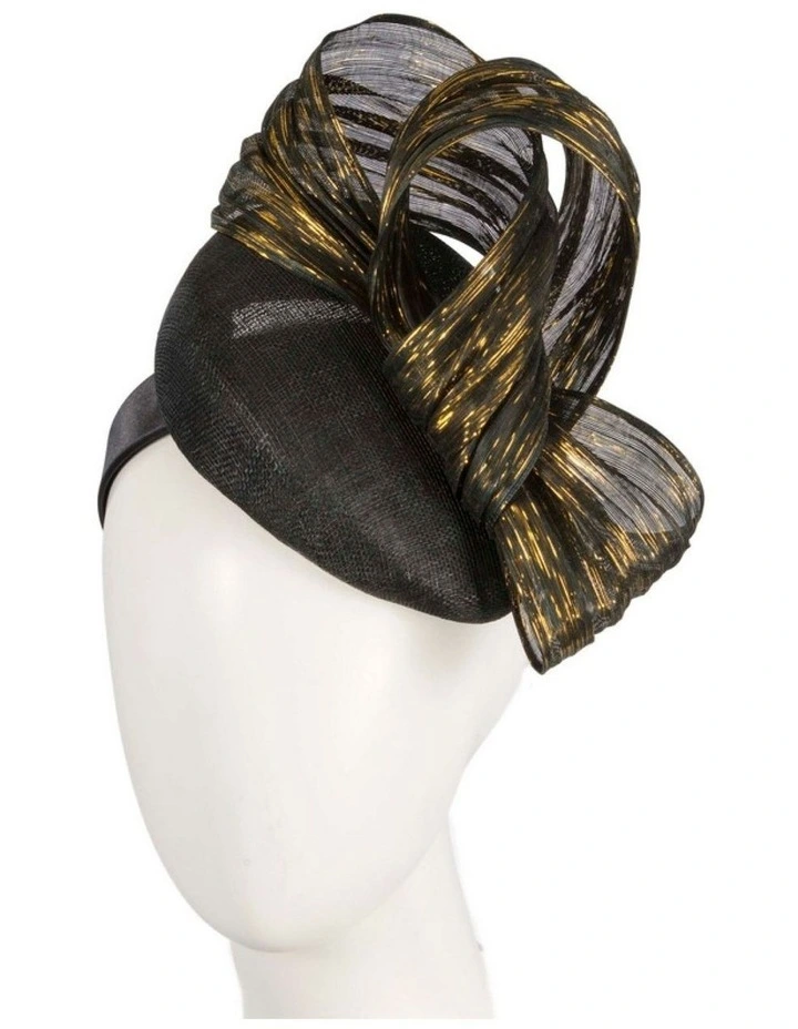 Black pillbox fascinator with gold silk abaca bow by Fillies Collection S307BG image 2