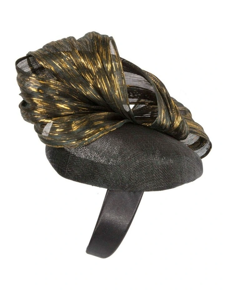 Black pillbox fascinator with gold silk abaca bow by Fillies Collection S307BG image 4