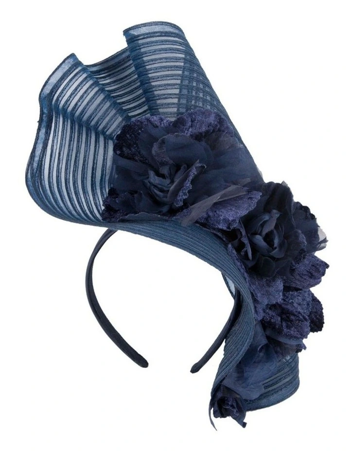 Large navy racing fascinator with flowers by Fillies Collection S306N image 1
