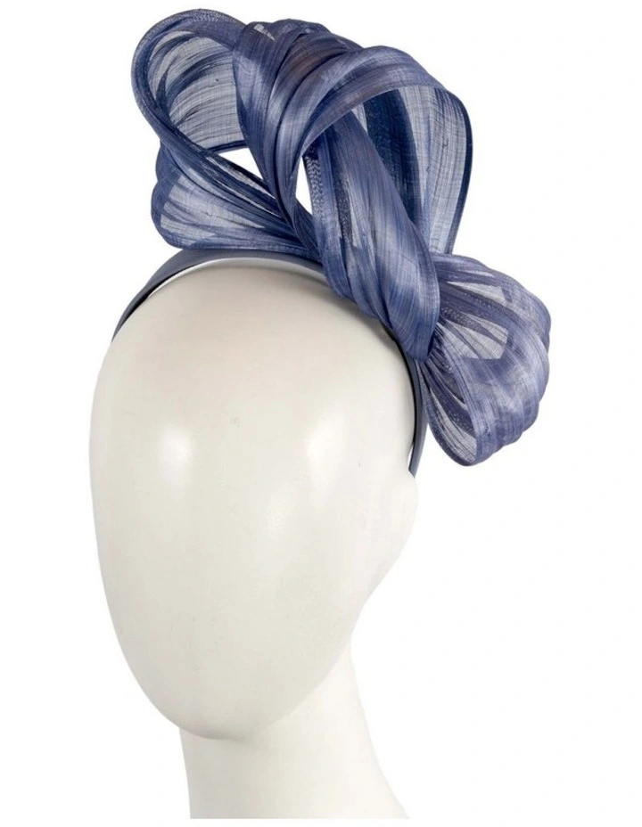 Denim Blue Silk Abaca Fascinator with Sculptural Bow by Fillies Collection S347DN image 2