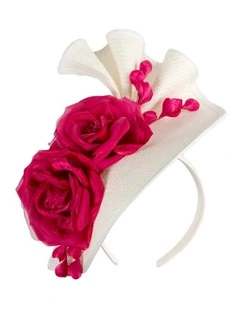 Fillies Collection cream & white racing fascinator with fuchsia flower S315WF