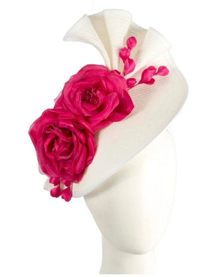 Fillies Collection cream & white racing fascinator with fuchsia flower S315WF image 2