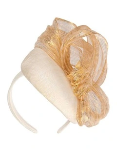 Cream pillbox fascinator with gold silk abaca bow - Fillies Collection S307CG