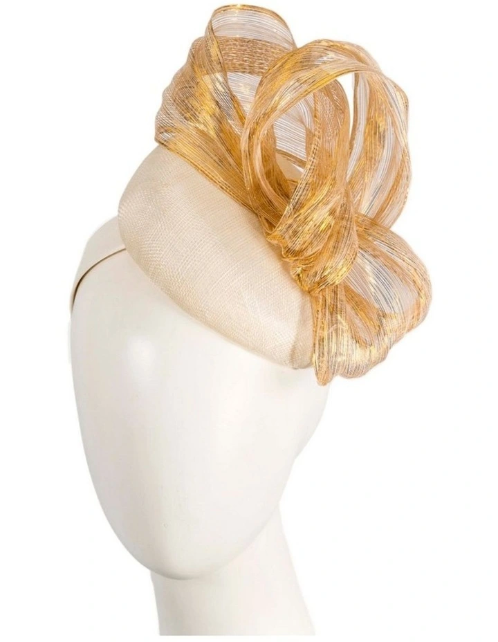 Cream pillbox fascinator with gold silk abaca bow - Fillies Collection S307CG image 2