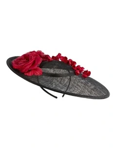 Max Alexander large black sinamay fascinator with red flower MA959BR
