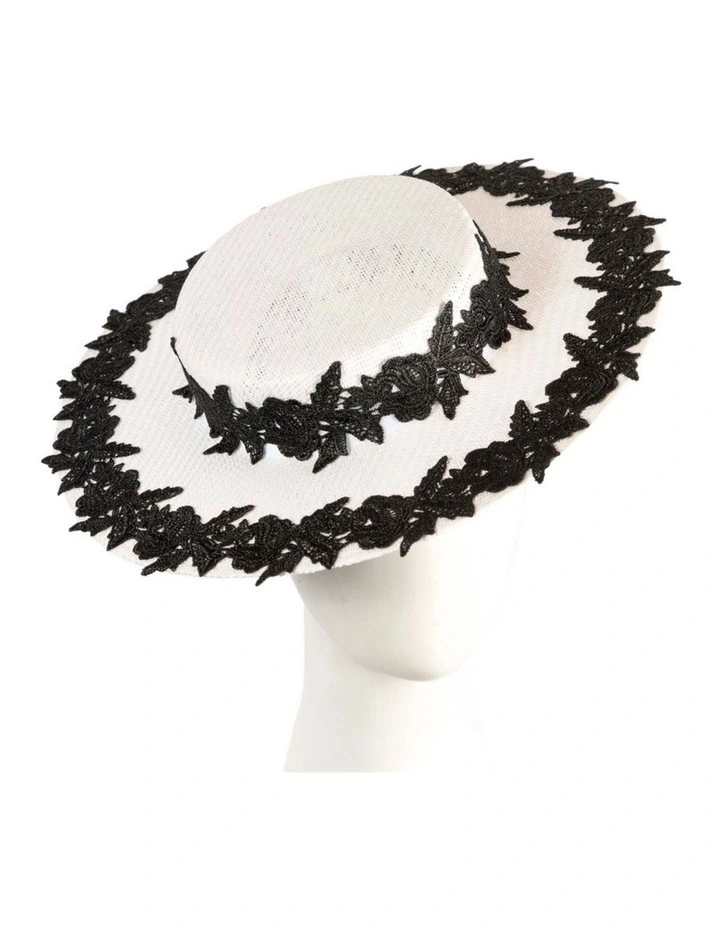White boater hat with black lace by Cupids Millinery image 2