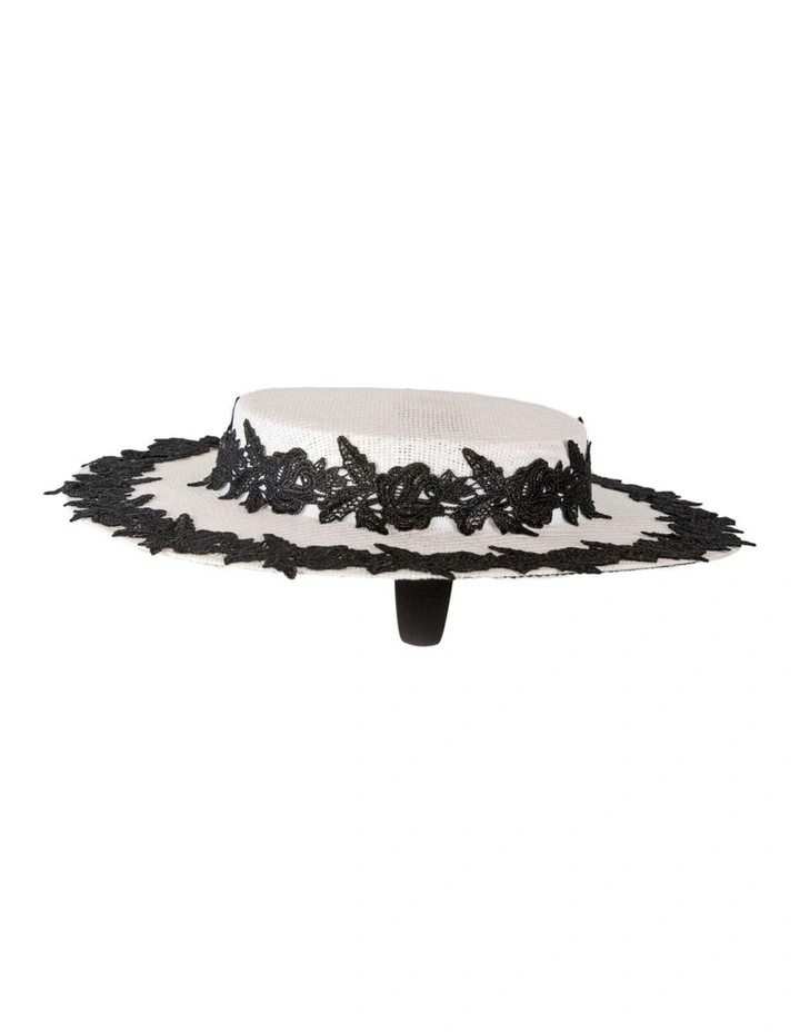 White boater hat with black lace by Cupids Millinery image 3