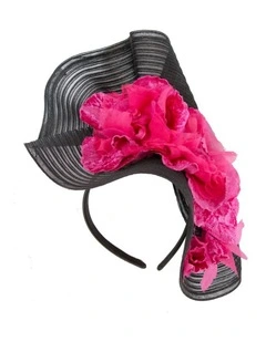 Large black and fuchsia racing fascinator with flowers - Fillies Collection S306BF