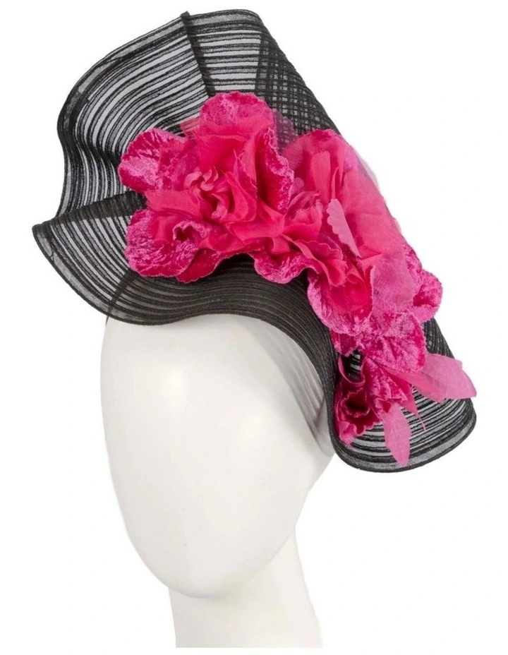 Large black and fuchsia racing fascinator with flowers - Fillies Collection S306BF image 2