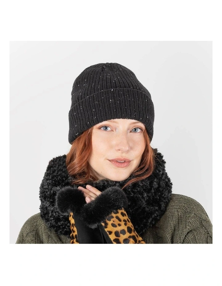 Dents Womens Ribbed Knit Wool Blend Beanie Hat with Marl Yarn in Black image 2