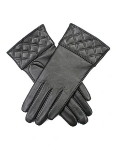 Dents Hazel Womens Leather Gloves w Quilted Cuffs Fleece Lining Genuine - Black