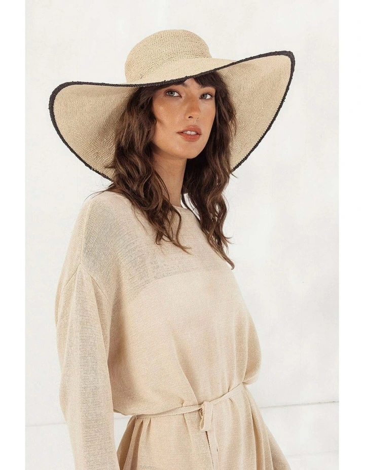 Raegan Crochet Straw Sun Hat in Natural Beige and Black Stripe image 1